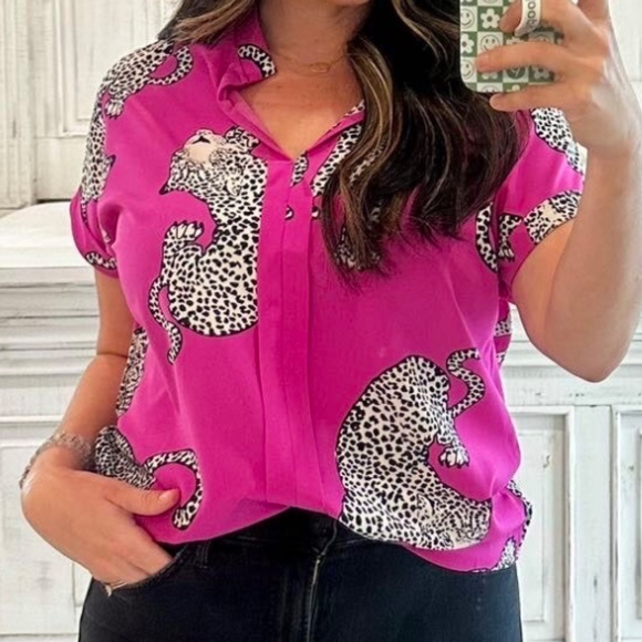 Plus Hot Pink Leopard Print Cuff Sleeve Blouse - Picture 1 of 7